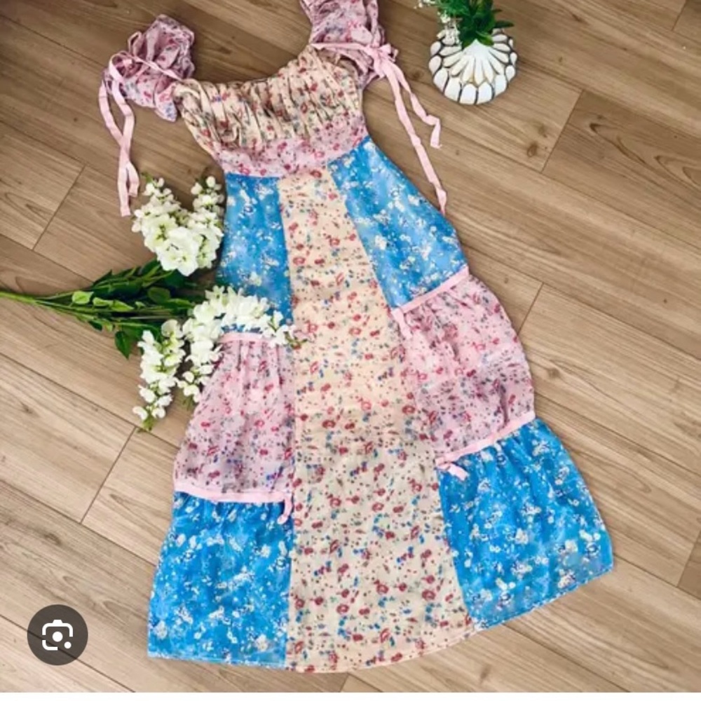 Elegant Floral Patchwork Maxi Dress - Pink, Blue, Cream